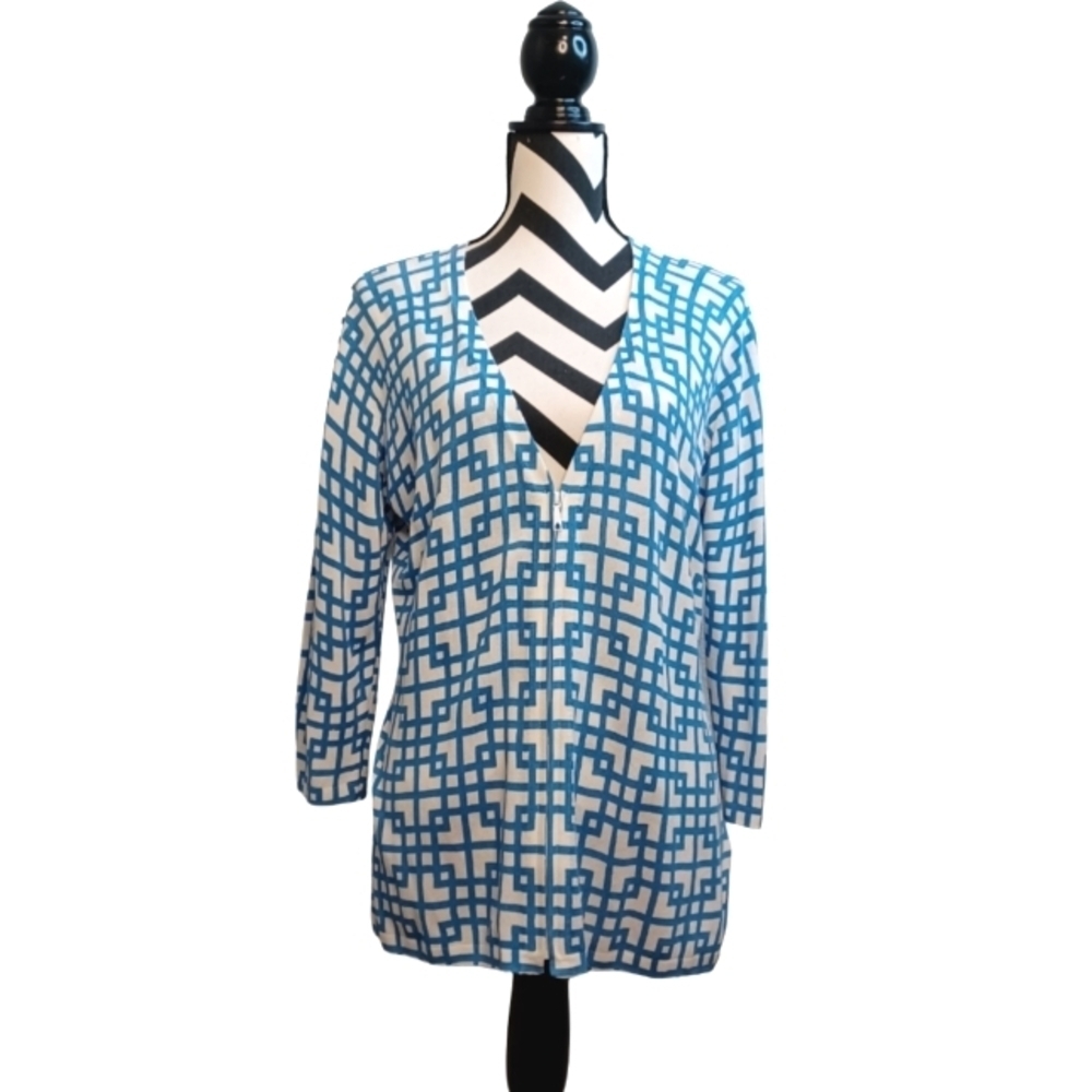 Lafayette 148 Cotton Blend Printed Knit Old Money Cardigan Zip Jacket